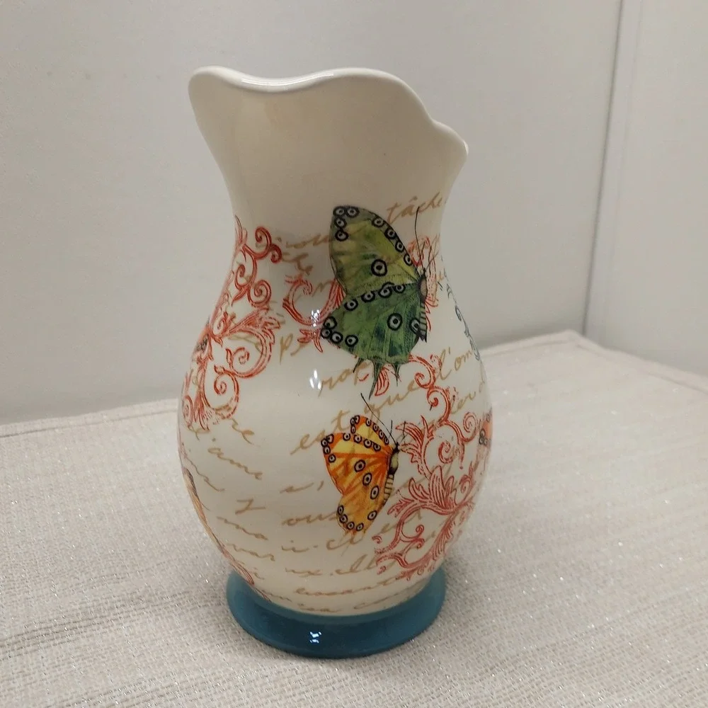 Cracker Barrel Butterfly Ceramic Pitcher French Country Script Decor 10